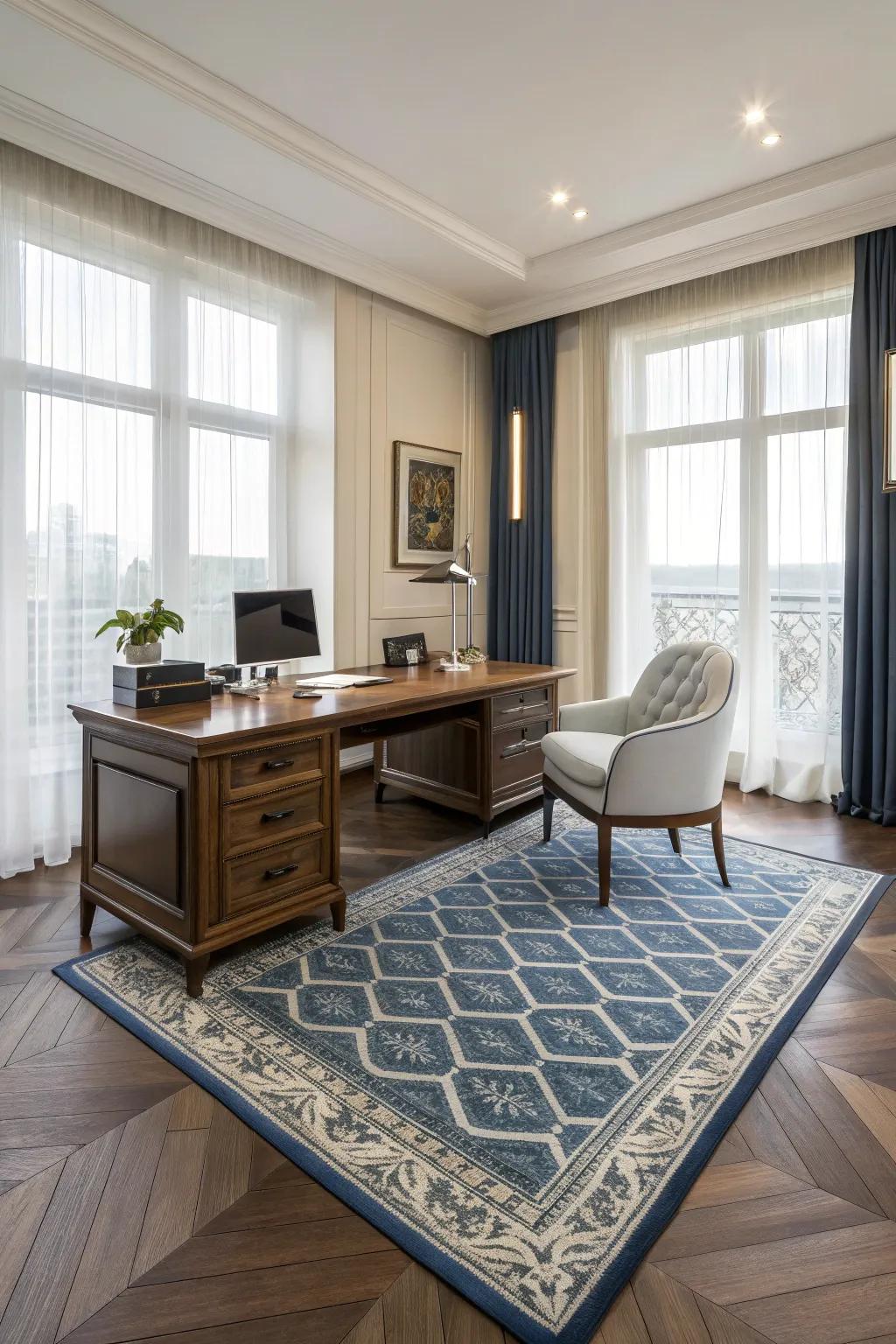 A patterned blue rug brings texture and warmth.