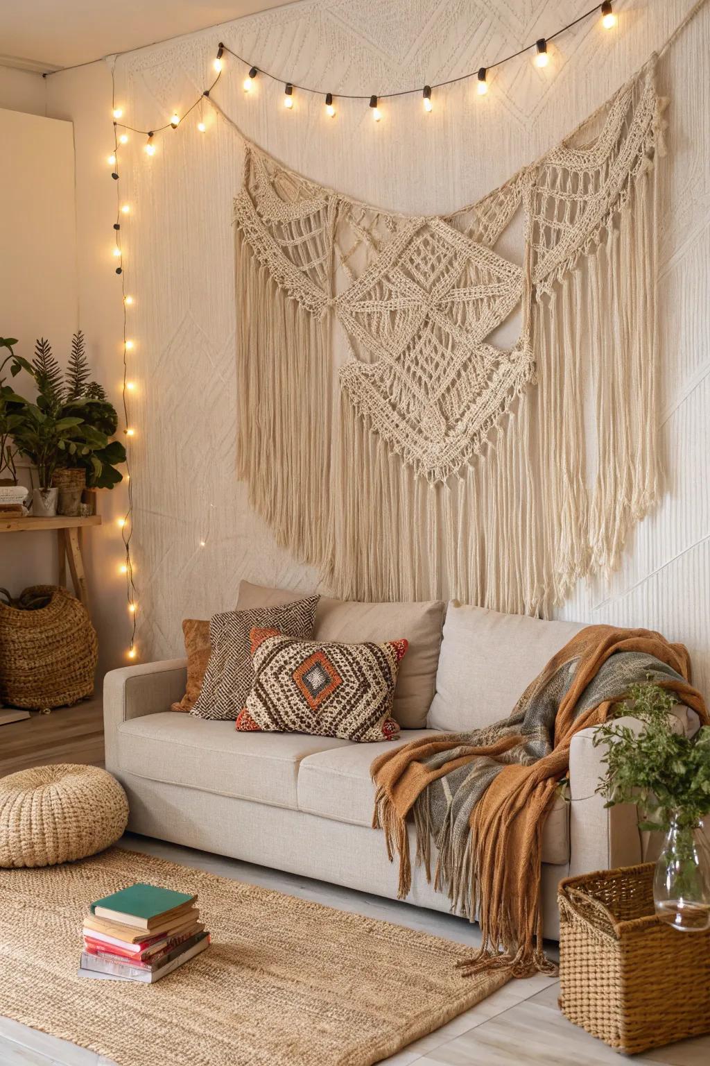 Macramé wall hangings add texture to boho interiors.