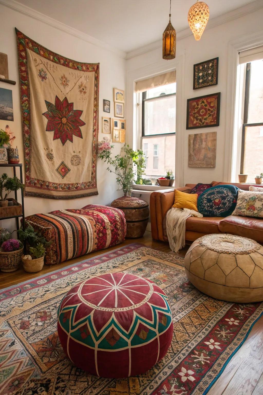 Global-inspired decor adds a worldly touch to boho spaces.