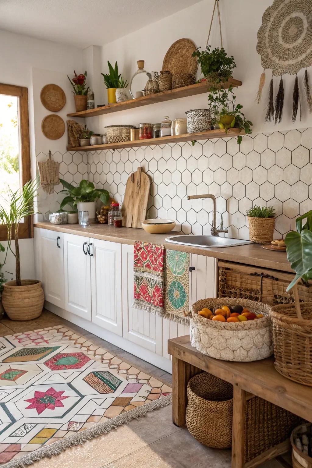 Hexagonal tiles add a modern geometric touch to this boho kitchen.