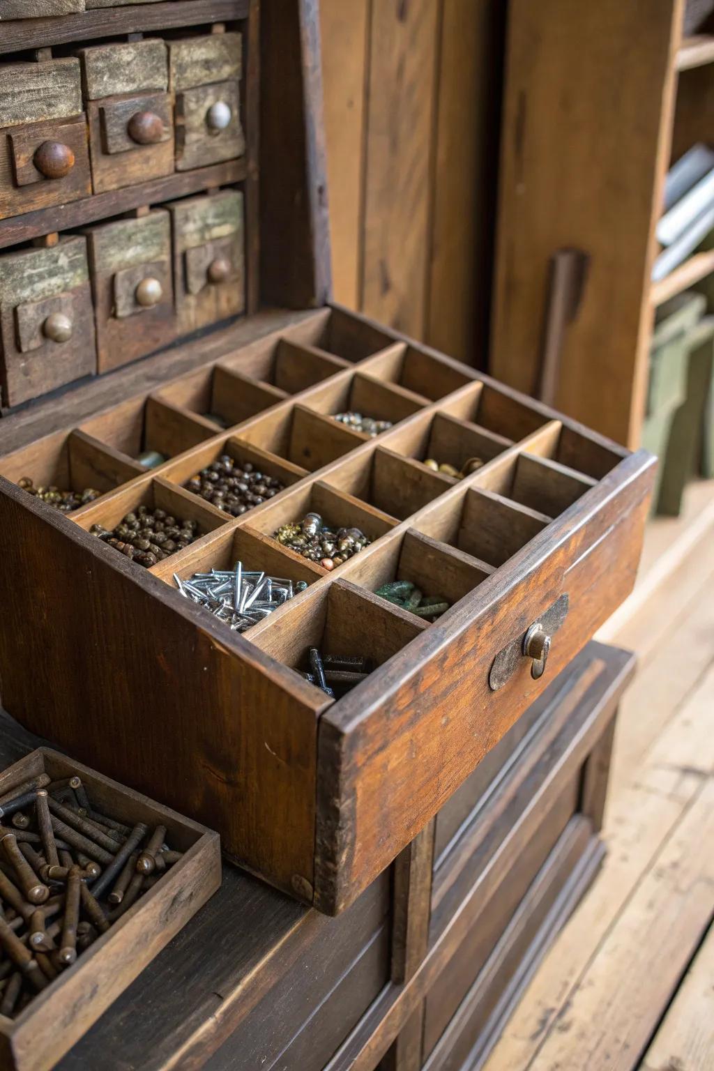Turn vintage charm into practical storage: repurpose old mail sorting bins for your bolts!