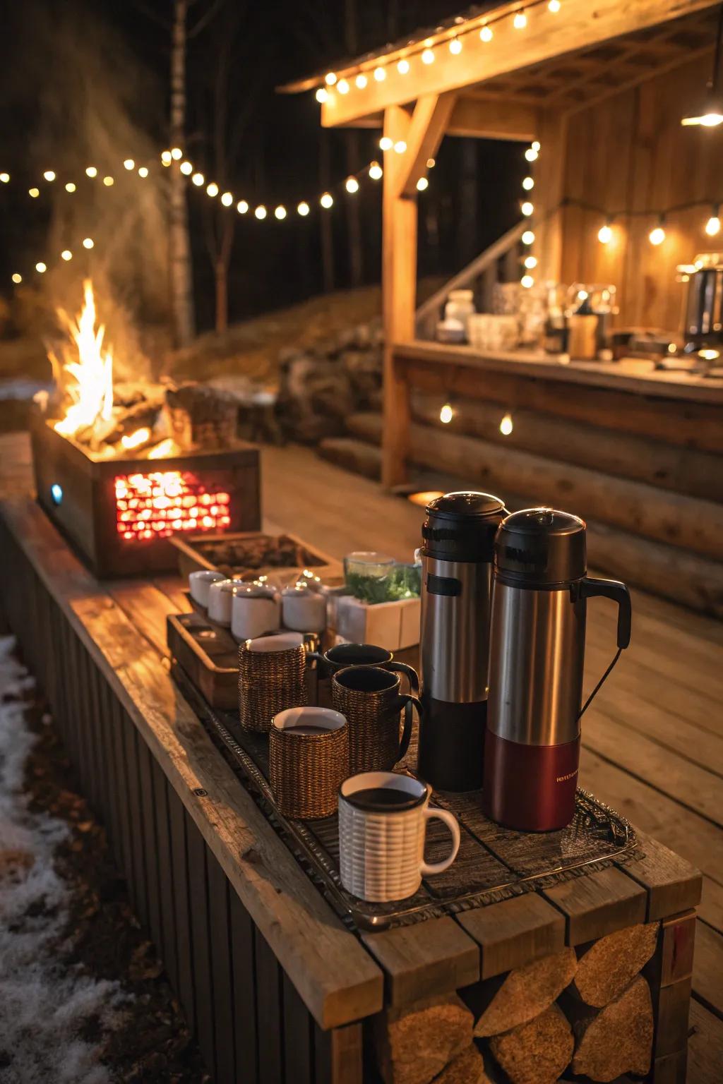 A beverage station offers a warm welcome on a cool evening.