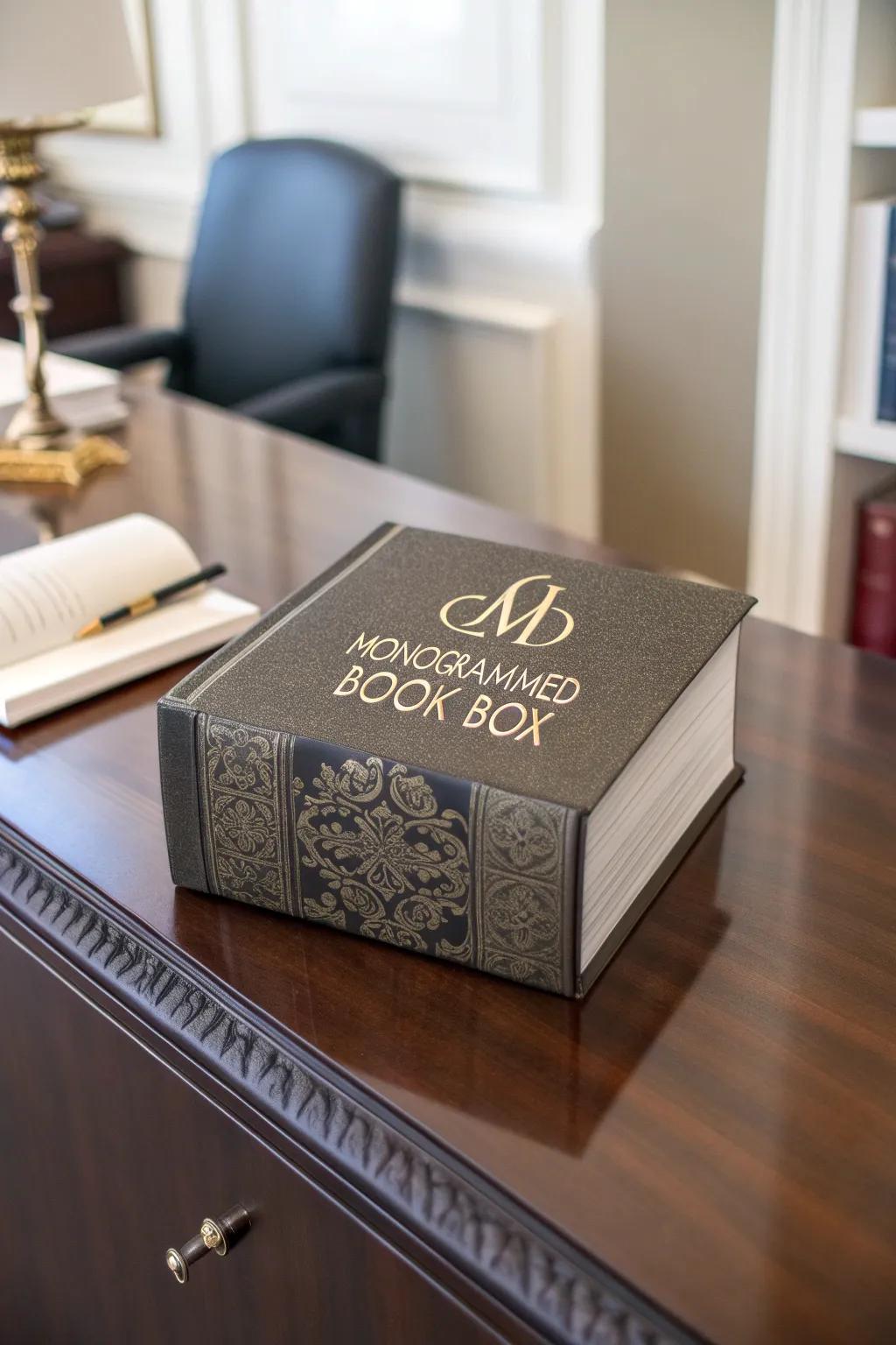 A monogrammed book box adds a personal touch to your decor.