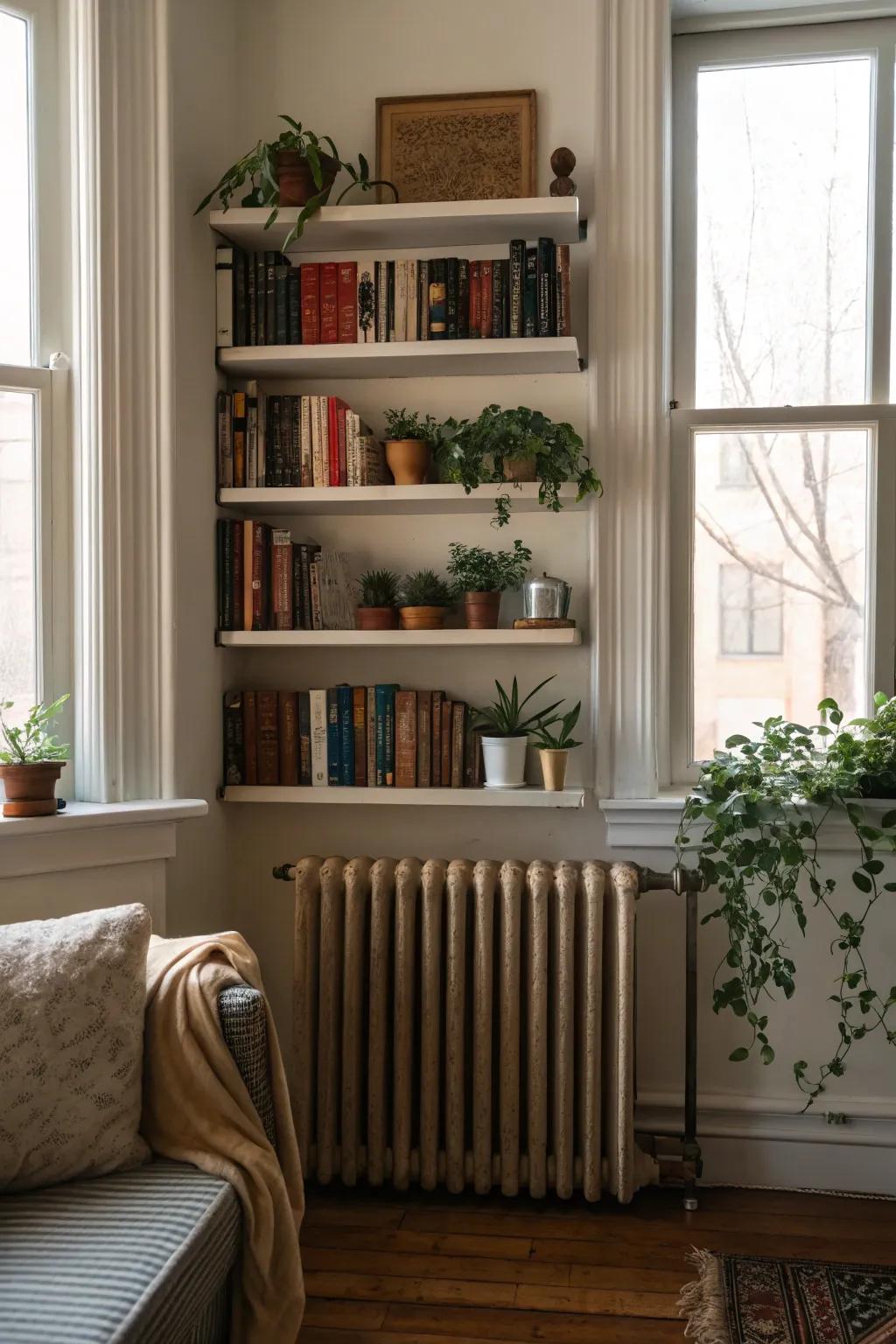 Shelves above radiators add storage without wasting space.