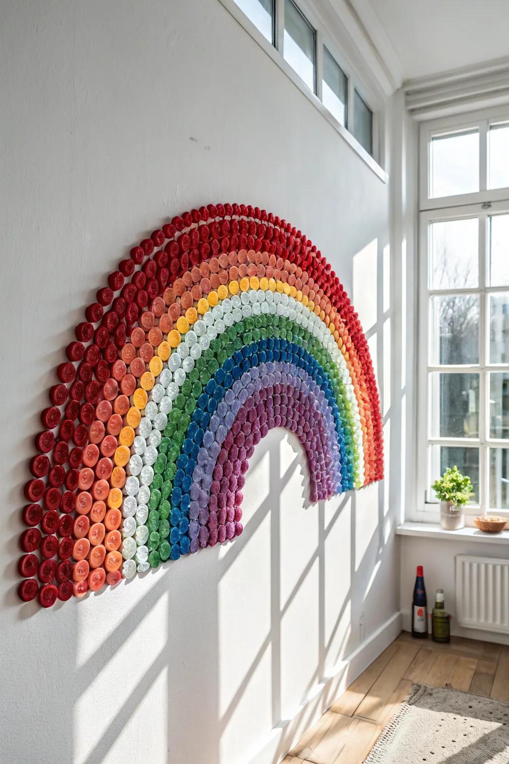 Infuse your space with joy through a vibrant bottle cap rainbow mosaic.