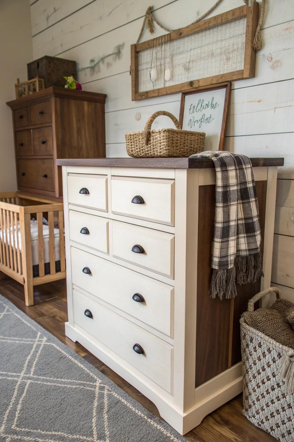Transform your nursery with a rustic farmhouse dresser that combines elegance and warmth.