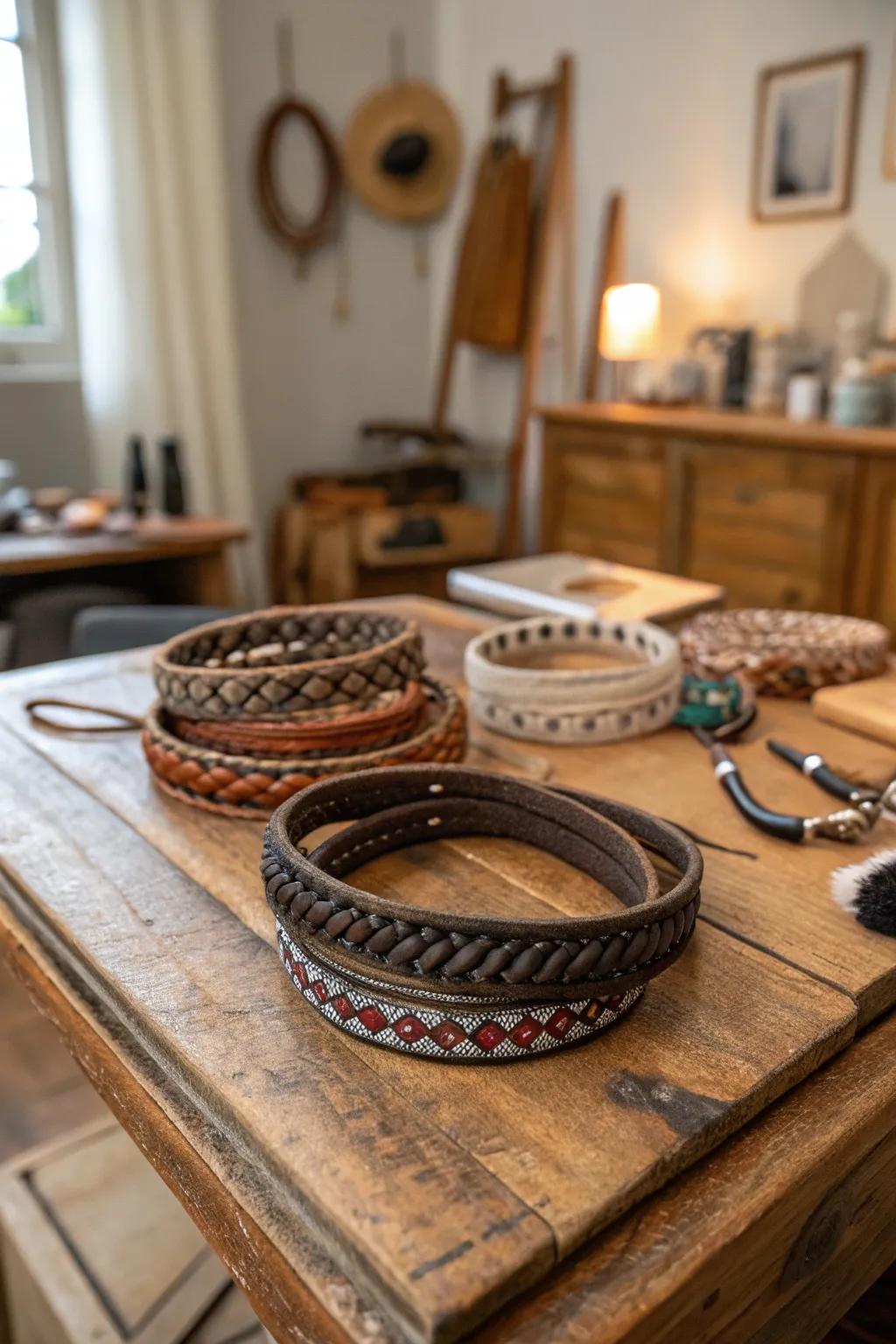 Versatile leather wrap bracelets for a boho touch.