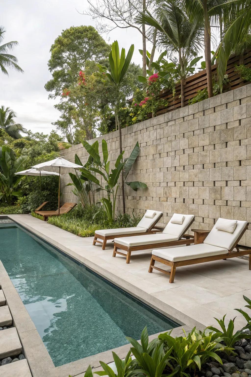 A luxurious poolside enhanced by a decorative breeze block wall.