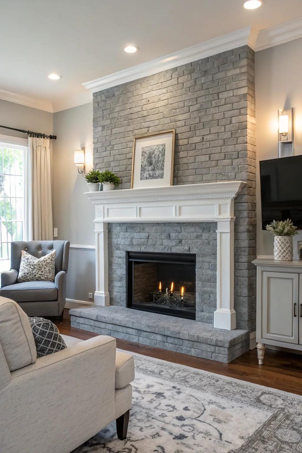 Sleek and modern gray brick fireplace.