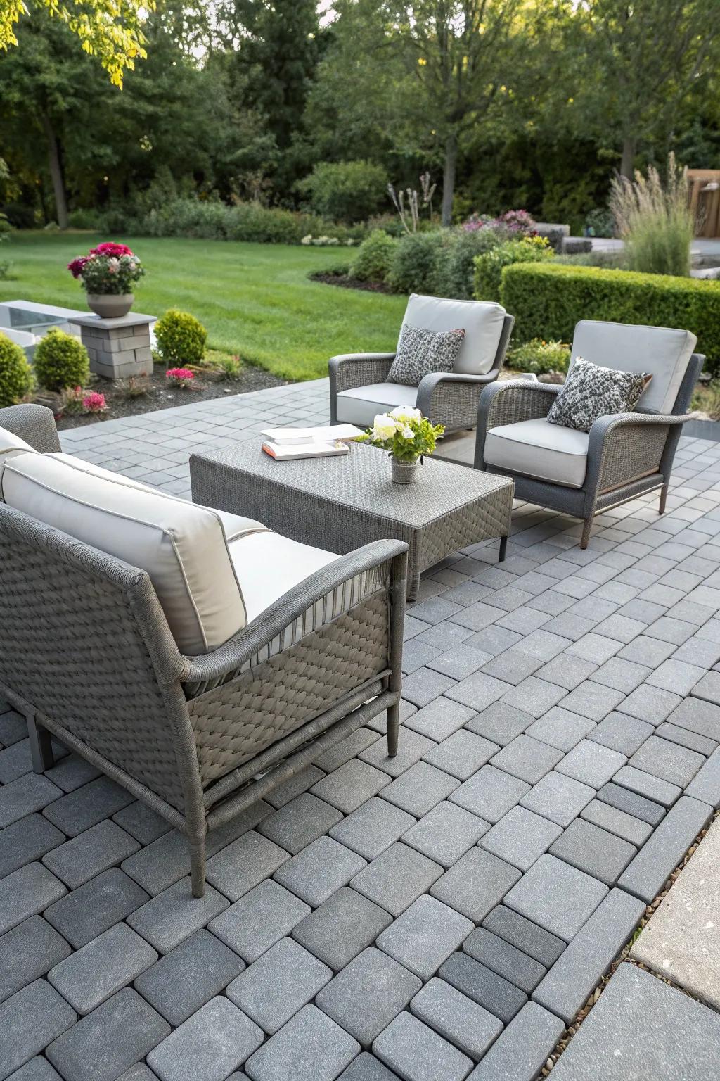 A modern brick patio with gray bricks offers a sleek and contemporary vibe.