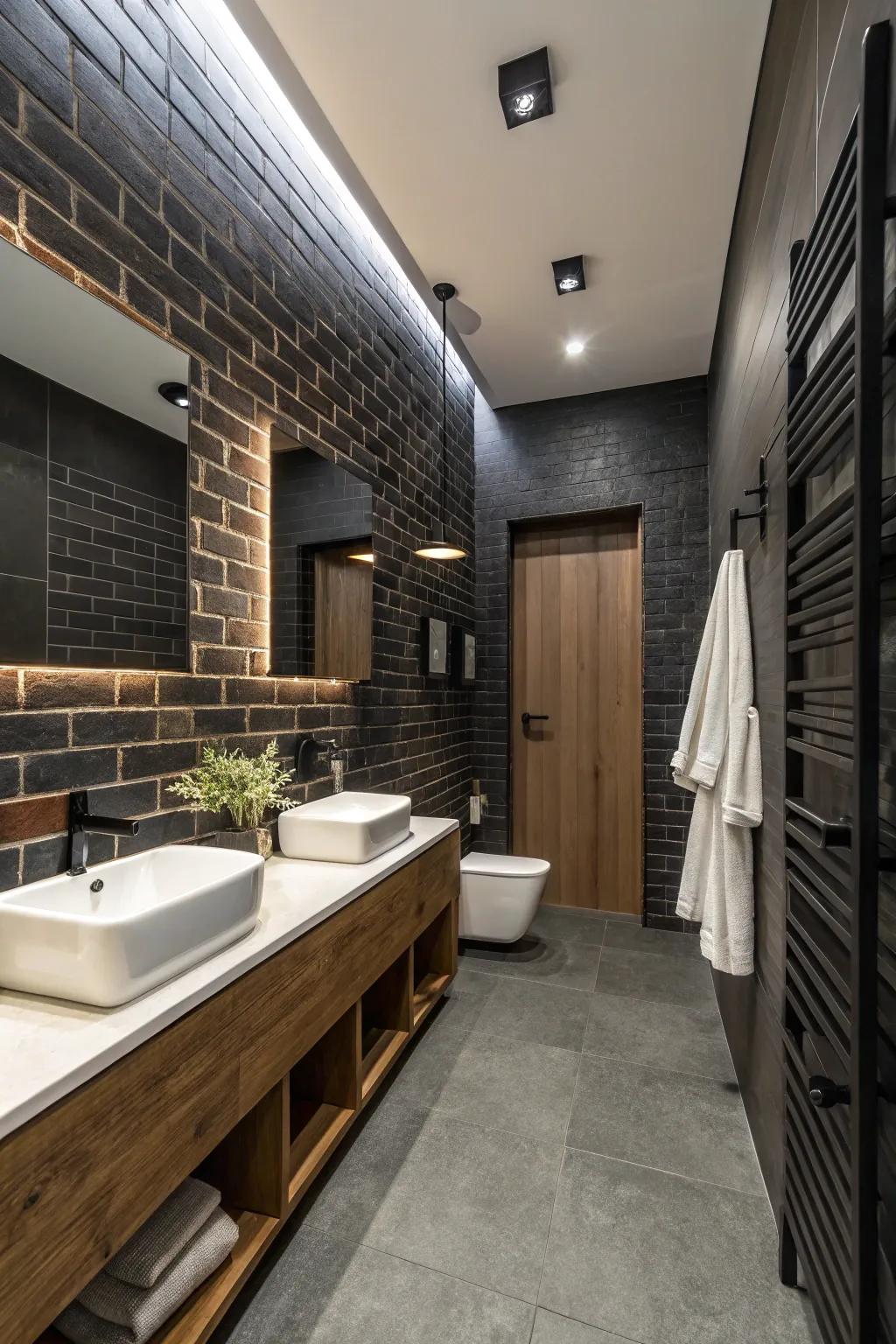 Dark brick walls add drama and sophistication to the bathroom.