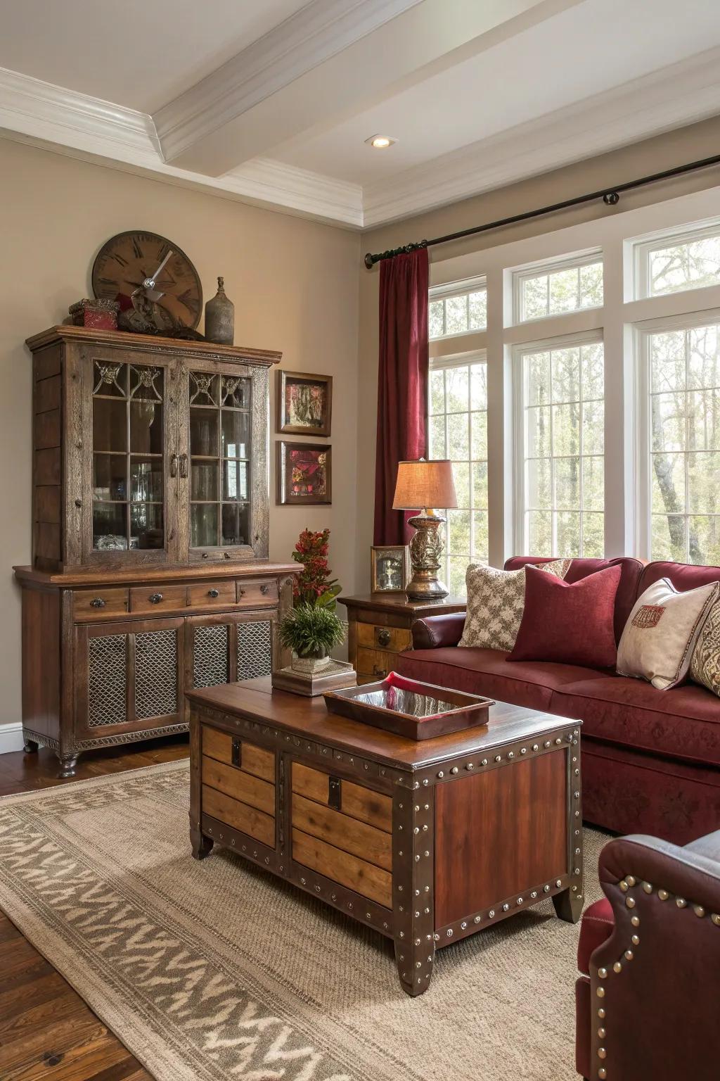 A mix of metal and wood accents complements brown and burgundy hues beautifully.