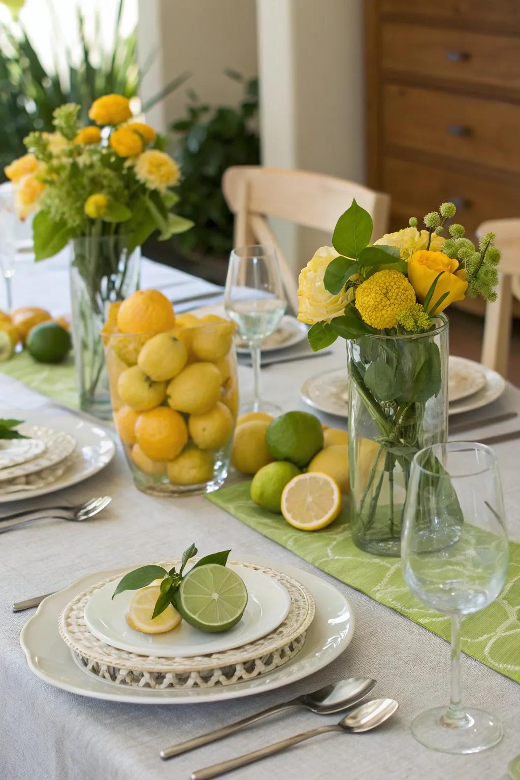 A brunch table adorned with citrus accents in clear vases.