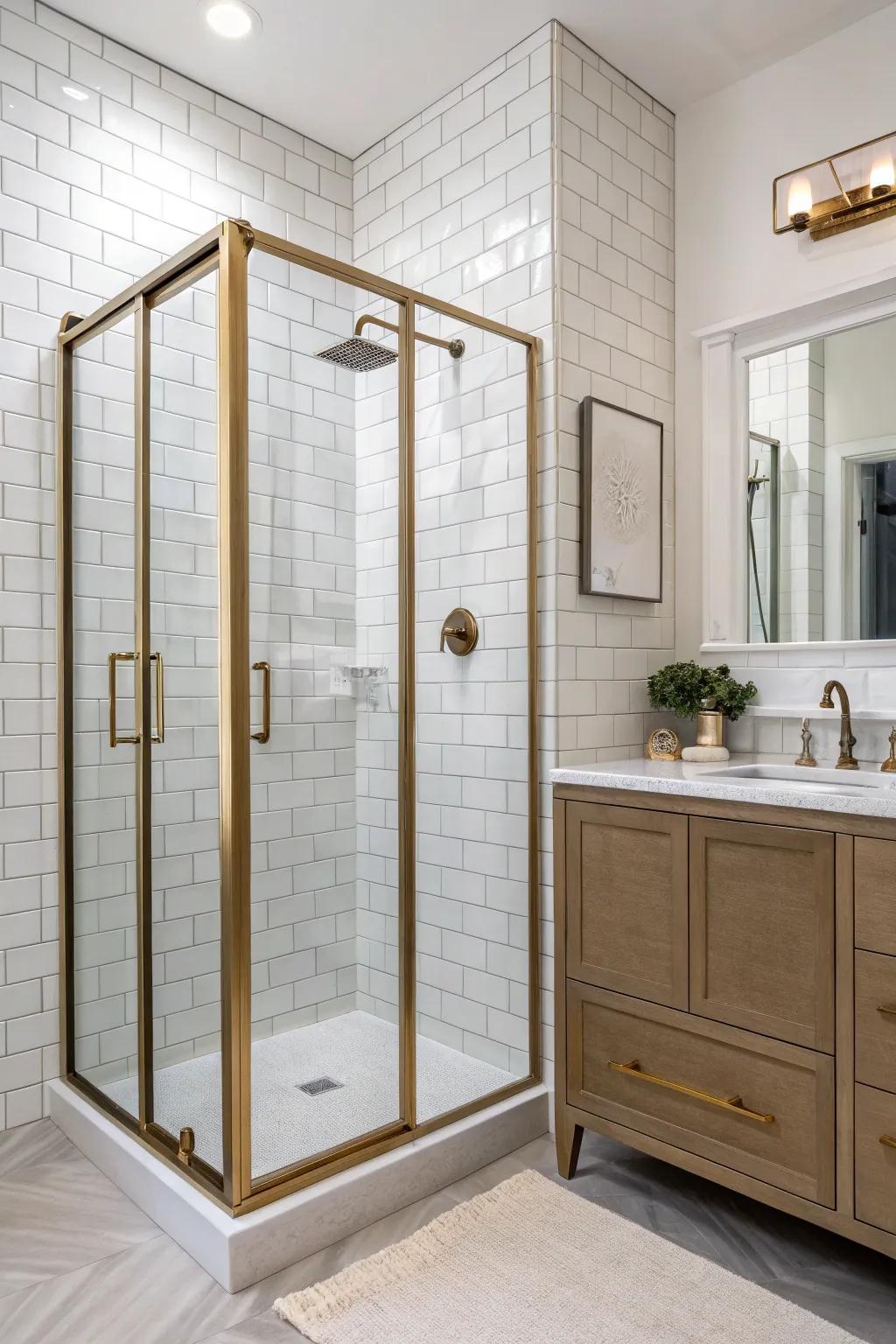 A brushed brass shower frame creating a luxurious spa-like atmosphere.