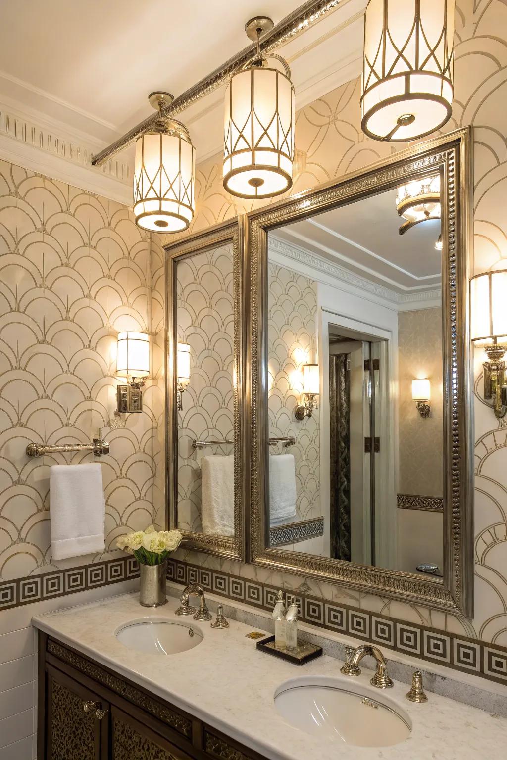 Elegant Art Deco brushed nickel lighting with intricate details above a bathroom mirror.