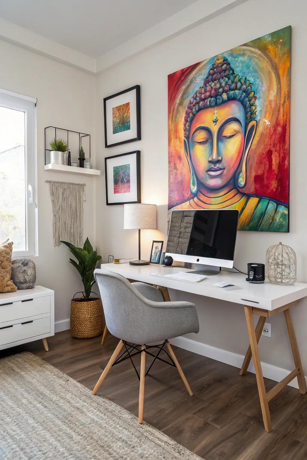 Abstract Buddha art adds a creative touch to this modern home office.