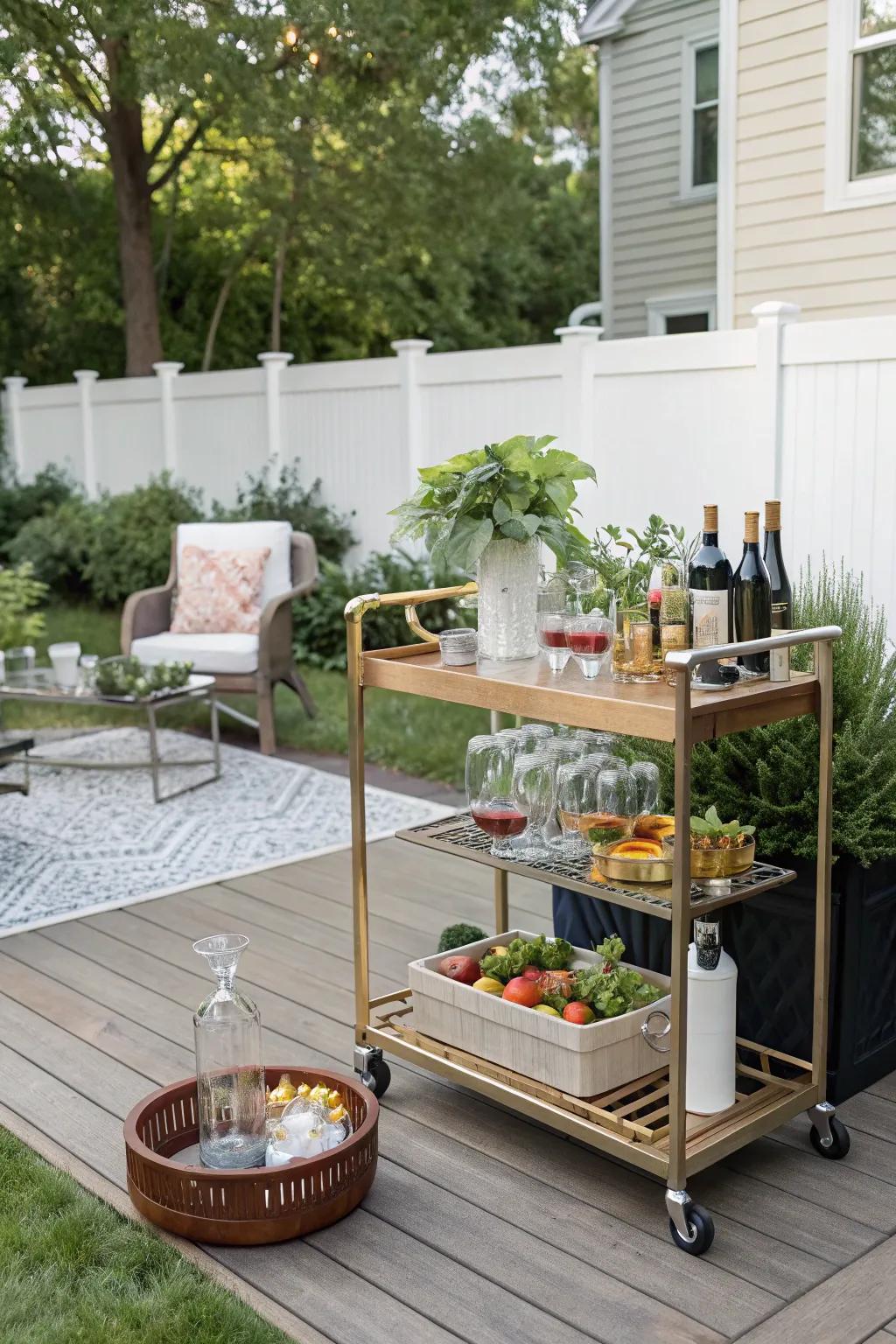 A mobile bar cart adds convenience and style to backyard gatherings.