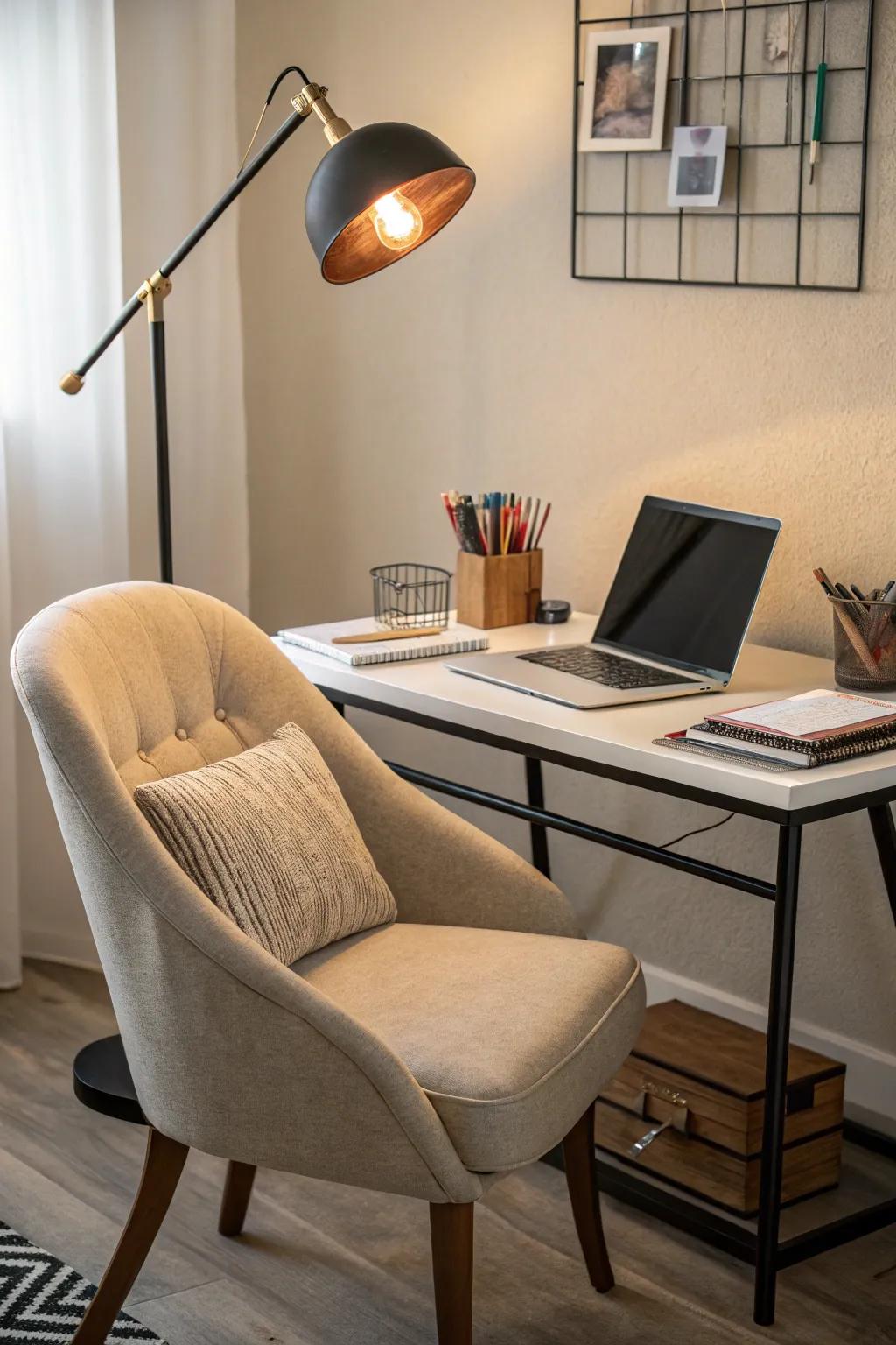 Invest in essentials like a quality chair and lighting.