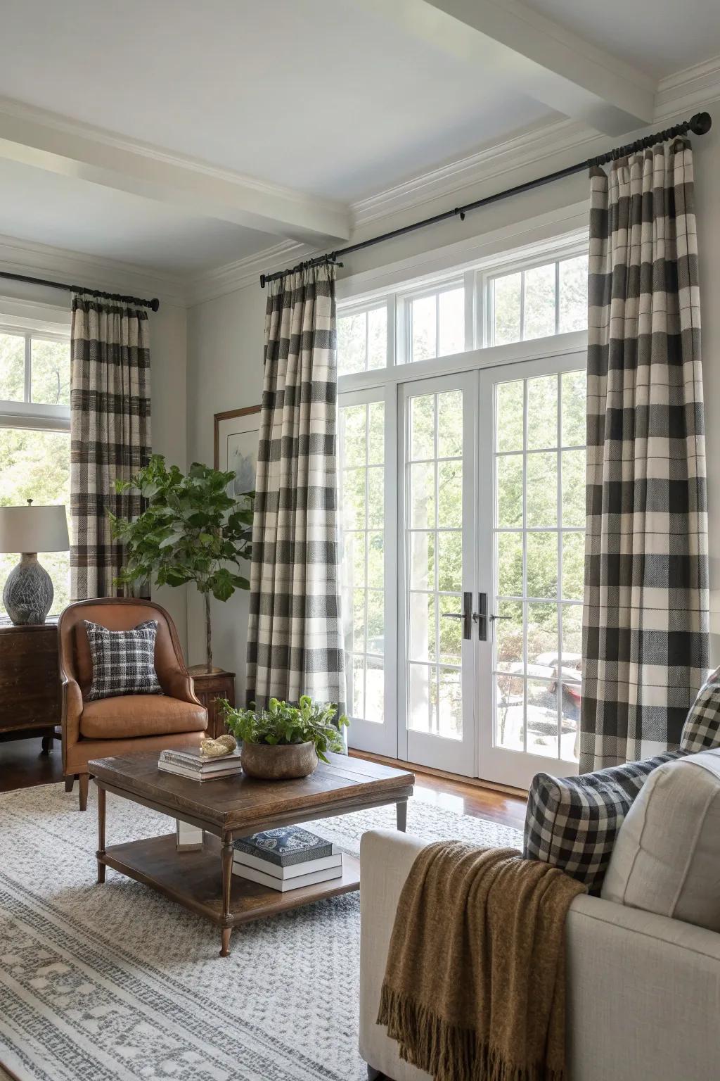 Buffalo plaid curtains add a stylish touch to window frames.