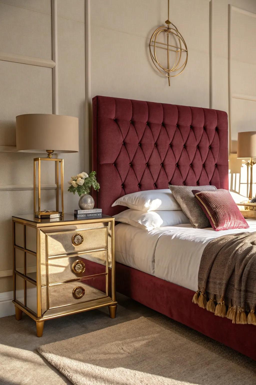 A luxurious burgundy headboard paired with elegant gold nightstands.