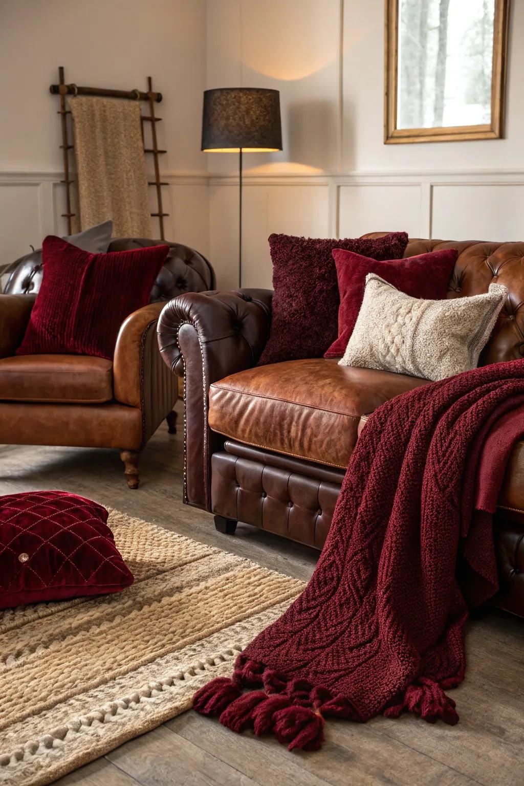 Layered textures add depth and interest to this burgundy-themed room.