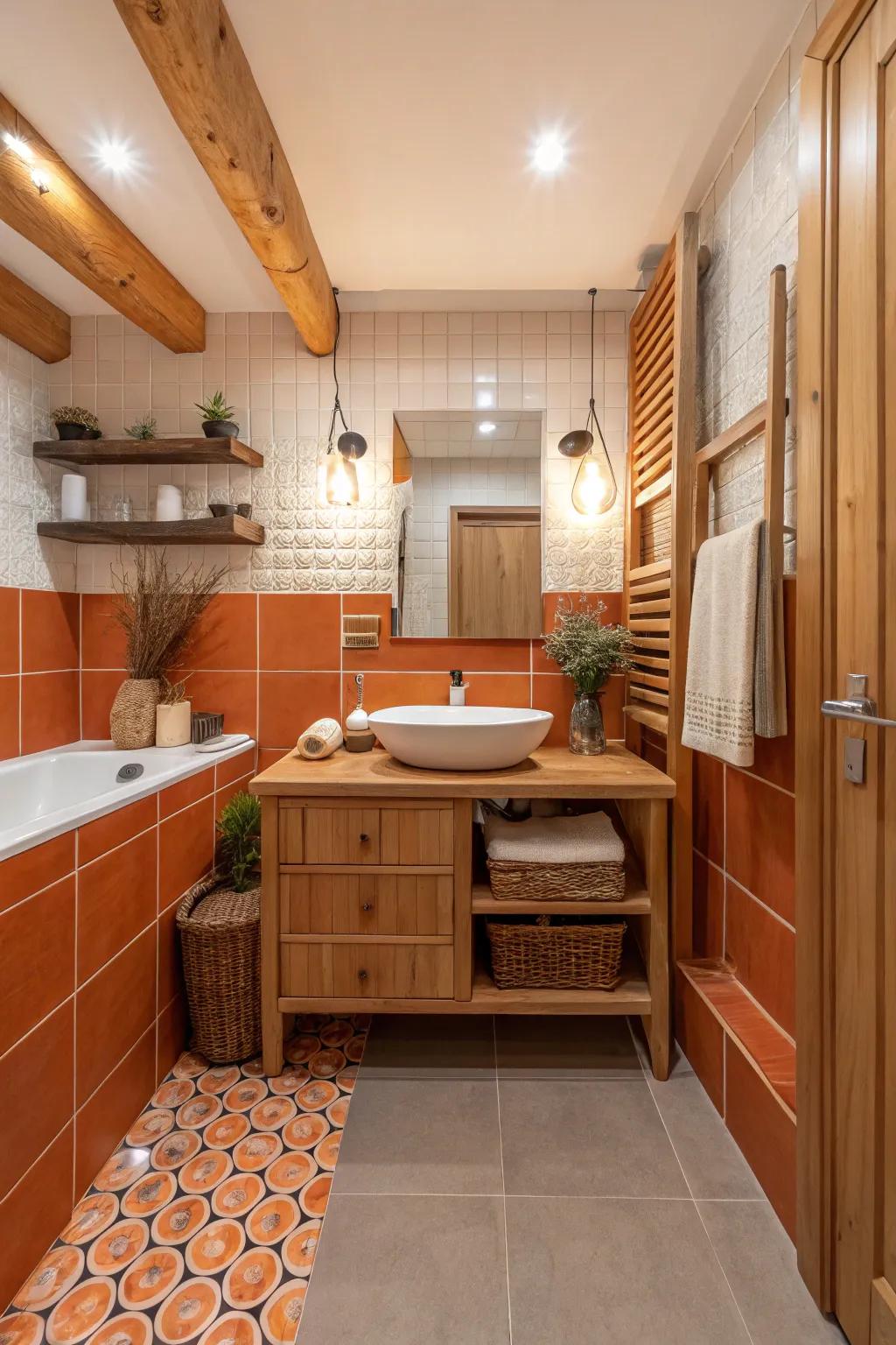 Burnt orange and natural wood create a warm, spa-like bathroom.