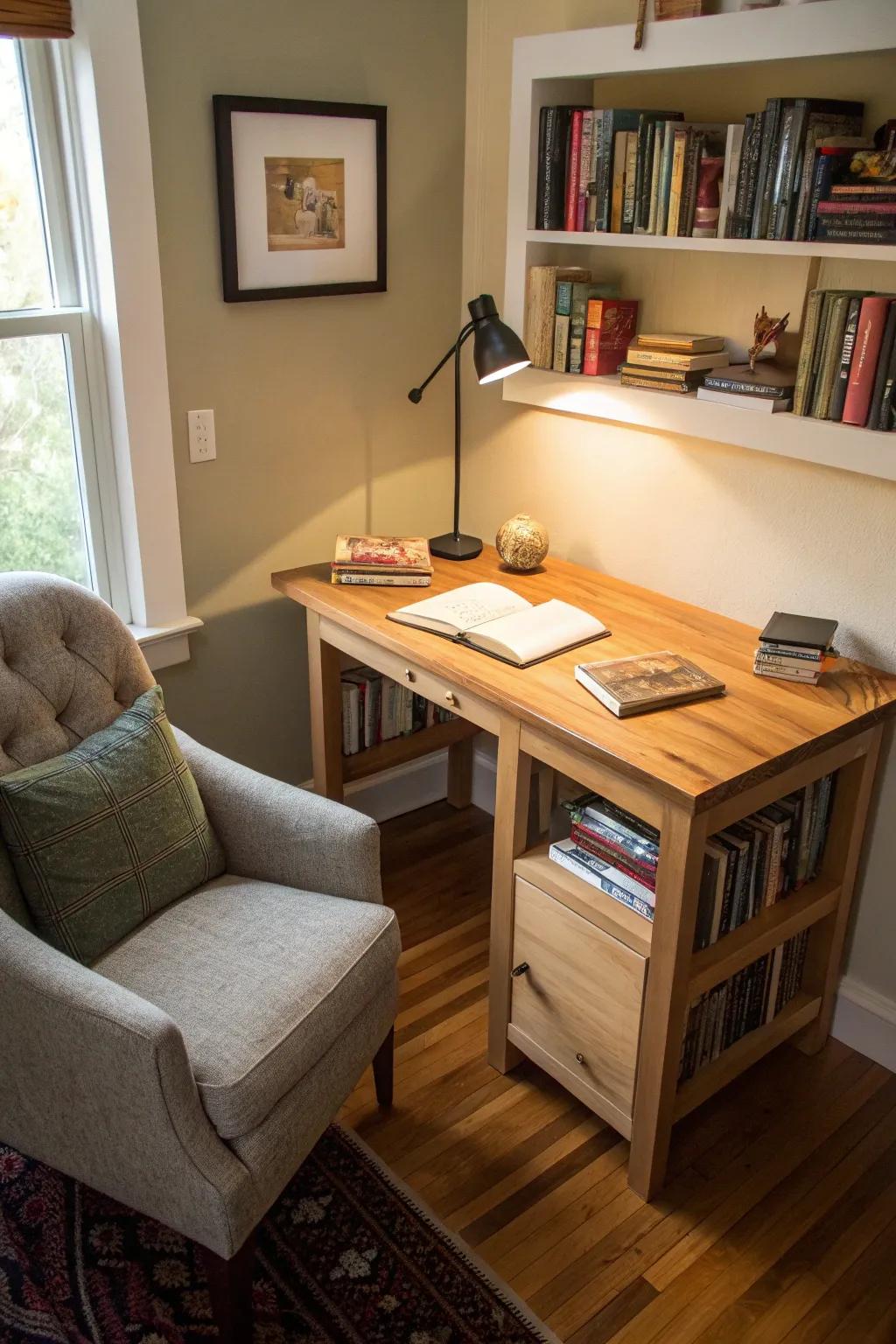 A compact butcher block desk perfect for small spaces.