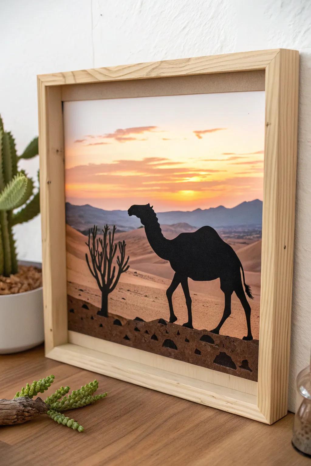 Embrace the serene beauty of the desert with this minimalist camel silhouette art piece, a perfect blend of simplicity and natural elegance.