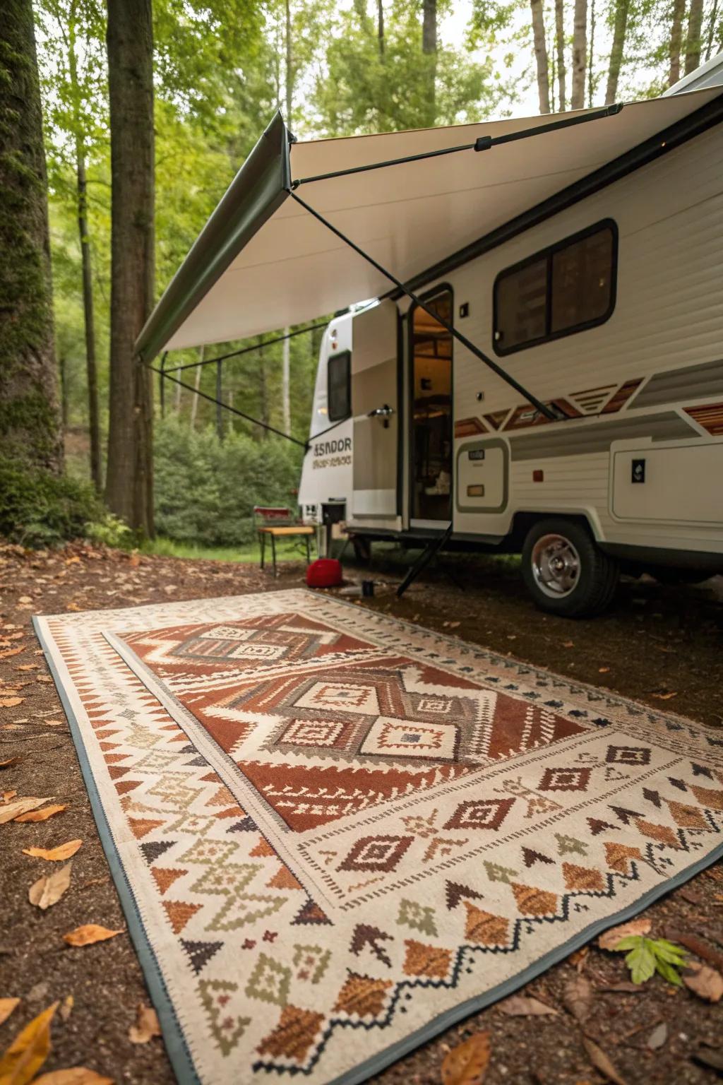 Elevate your camper setup with a stylish outdoor rug that brings comfort and character to your home on wheels.
