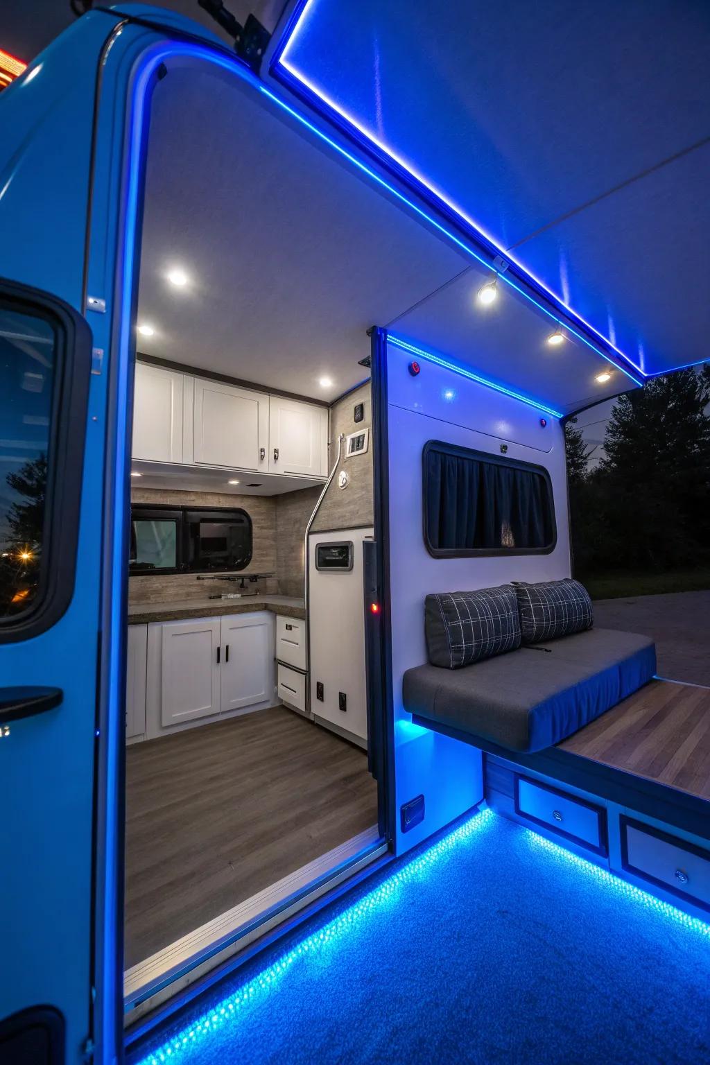 Transform your camper with calming blue LED lights for the ultimate cozy retreat.