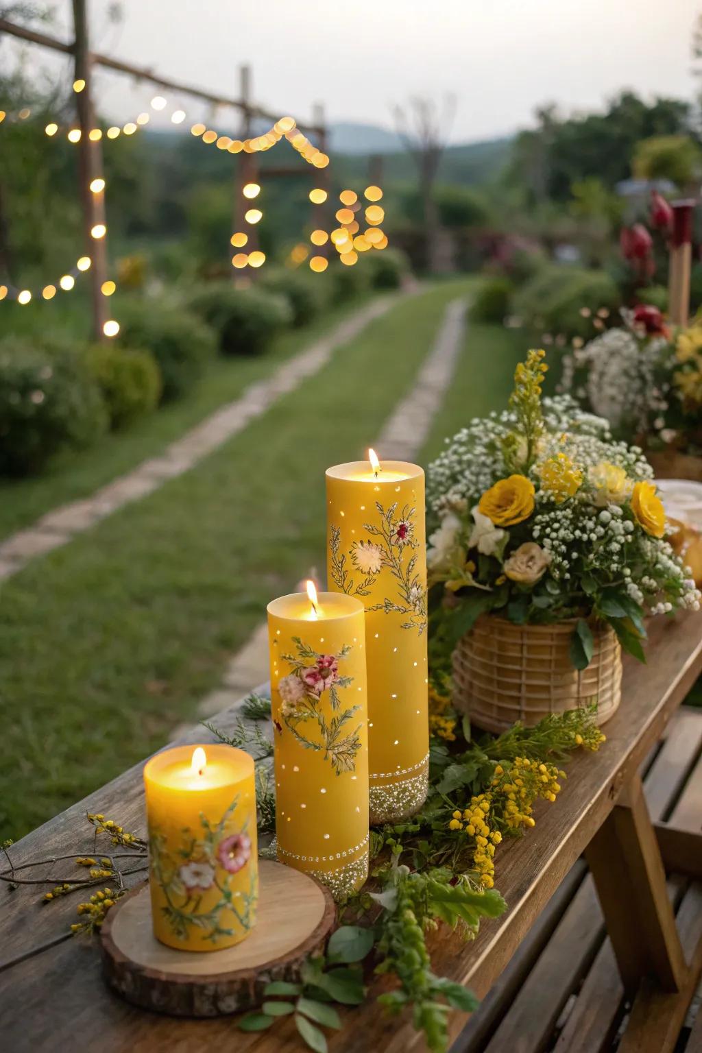 Create a whimsical garden party ambiance with candlelight and flowers.