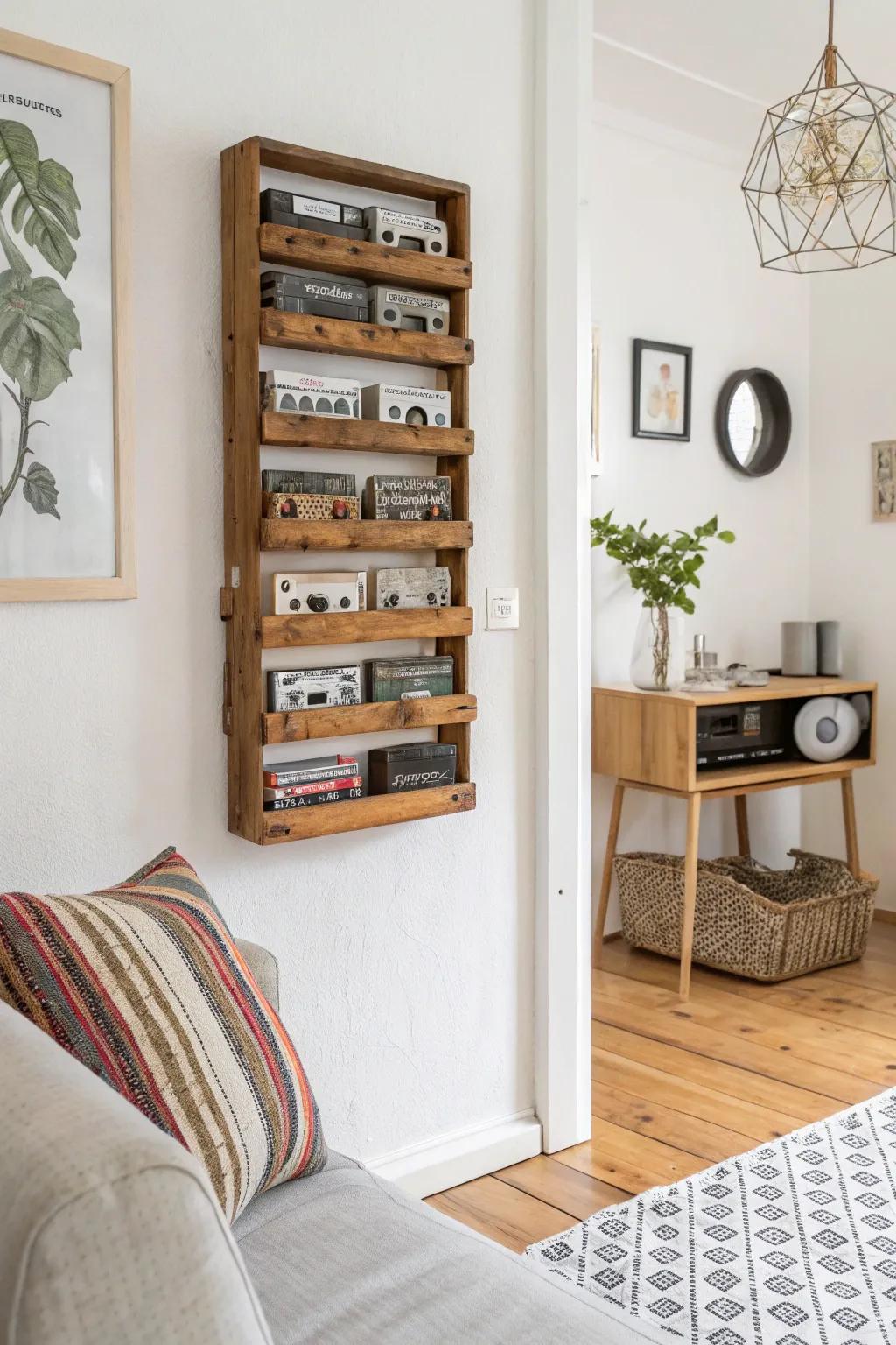 Transform your space with style: Repurpose a spice rack into a chic cassette tape organizer!