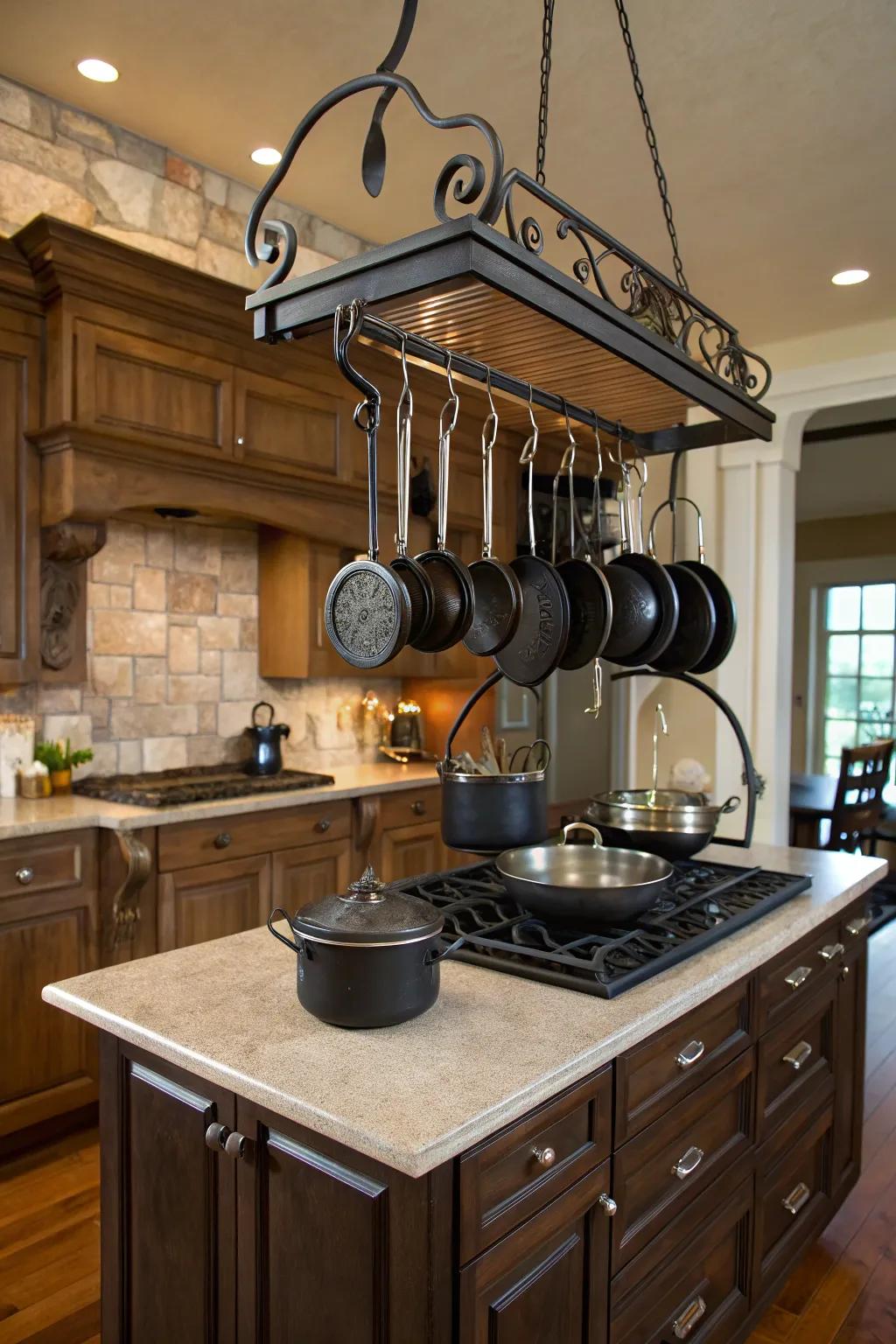 Elegant hanging pot rack showcasing cast iron cookware.