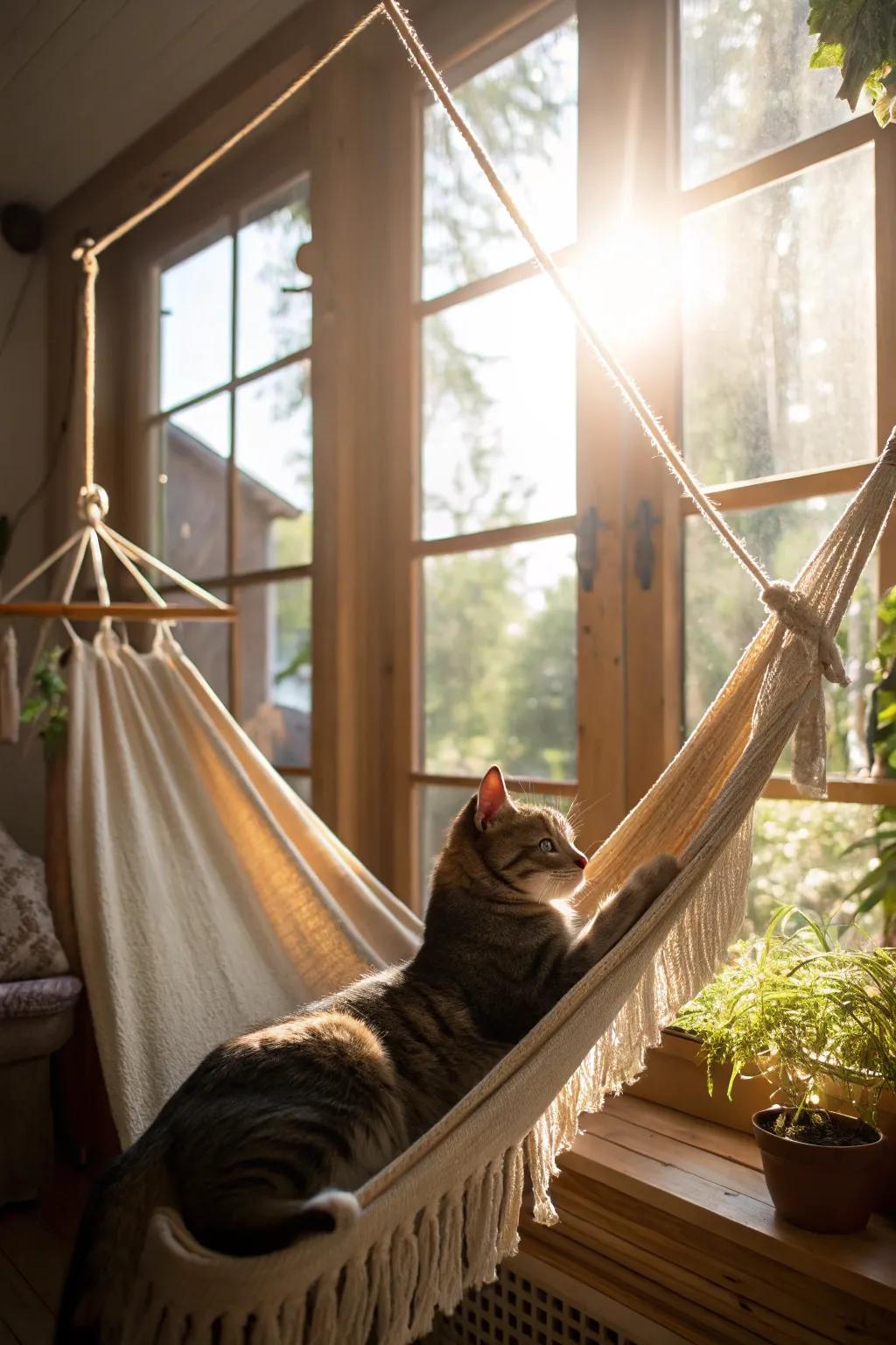 A window hammock offers your cat a perfect spot for sunbathing and relaxation.