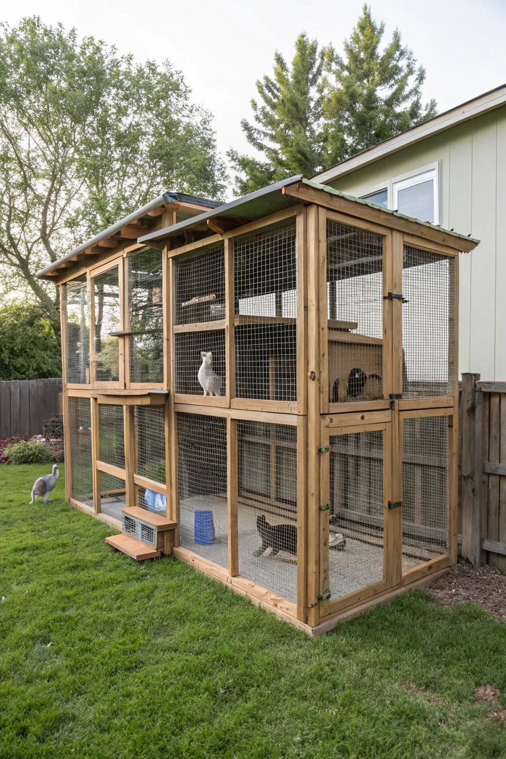 A standalone catio structure with multiple levels and hideouts in a backyard.