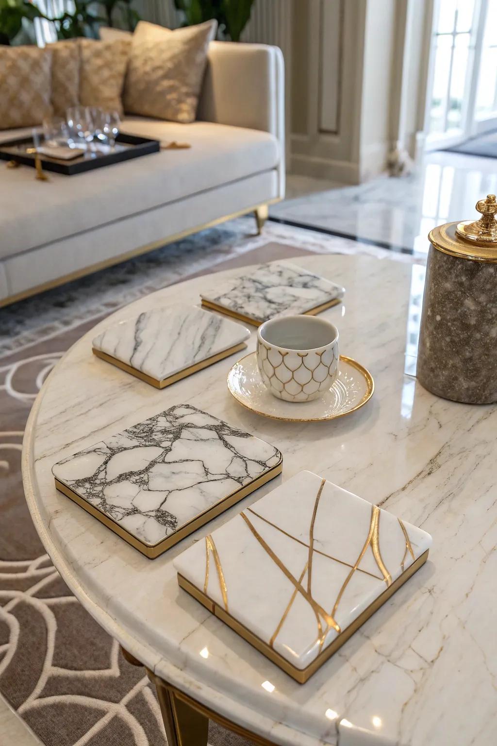 Marble effect coasters bring elegance to your decor.