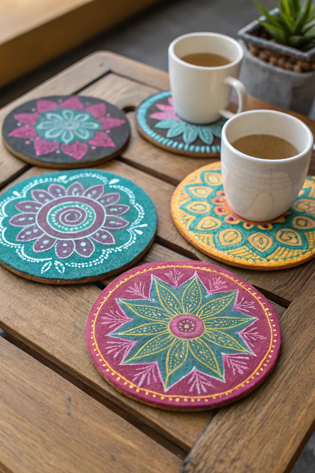 Handcrafted chalk powder coasters are a unique touch to any home.