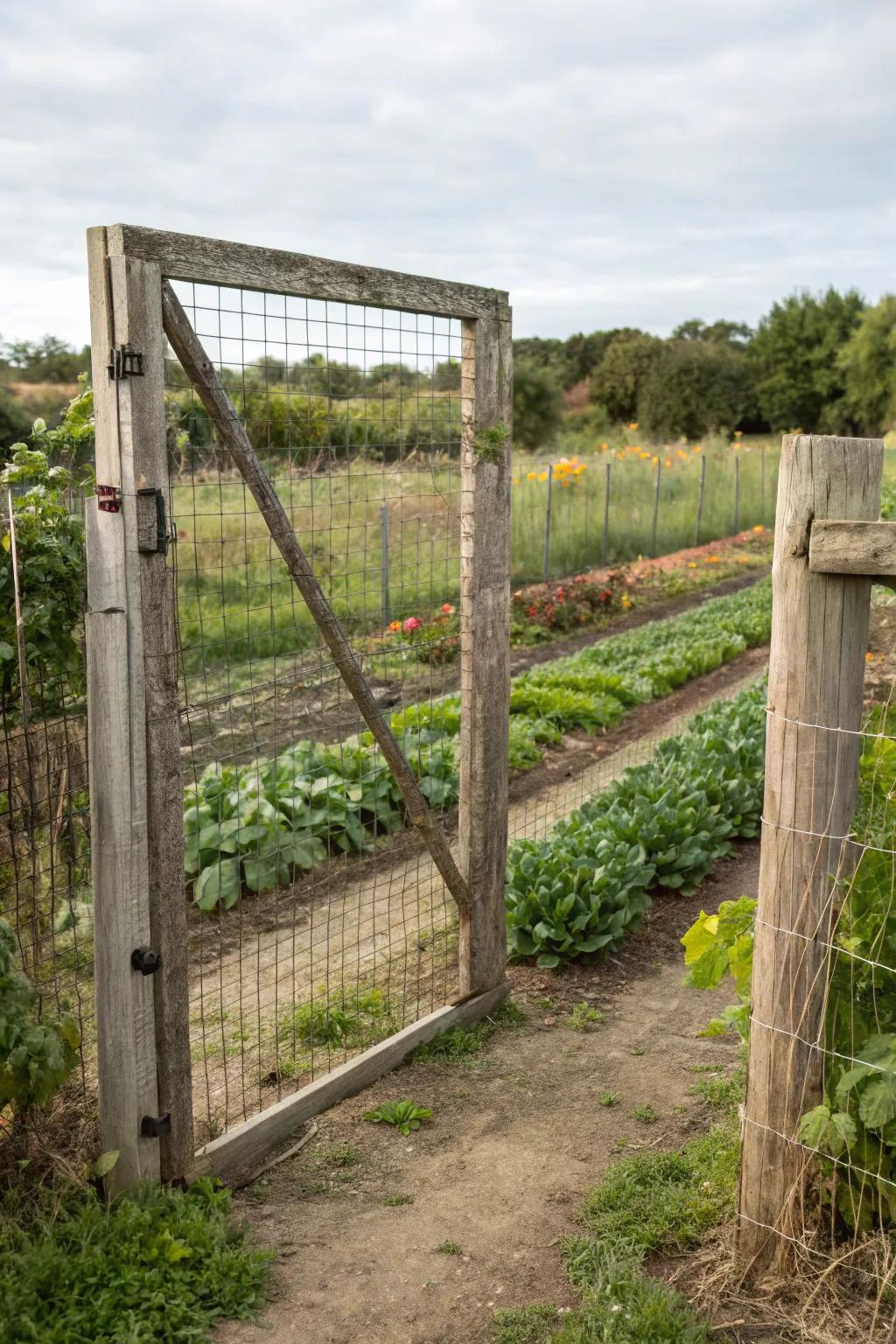 A functional wire mesh garden gate, providing a protective entrance to a vegetable garden.