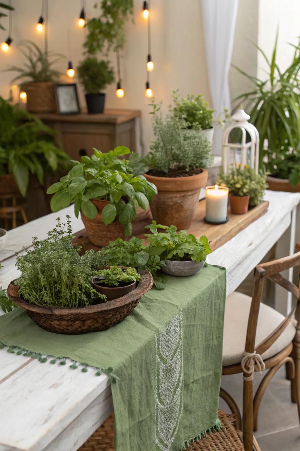 A garden-fresh table setting with a green cheesecloth runner.