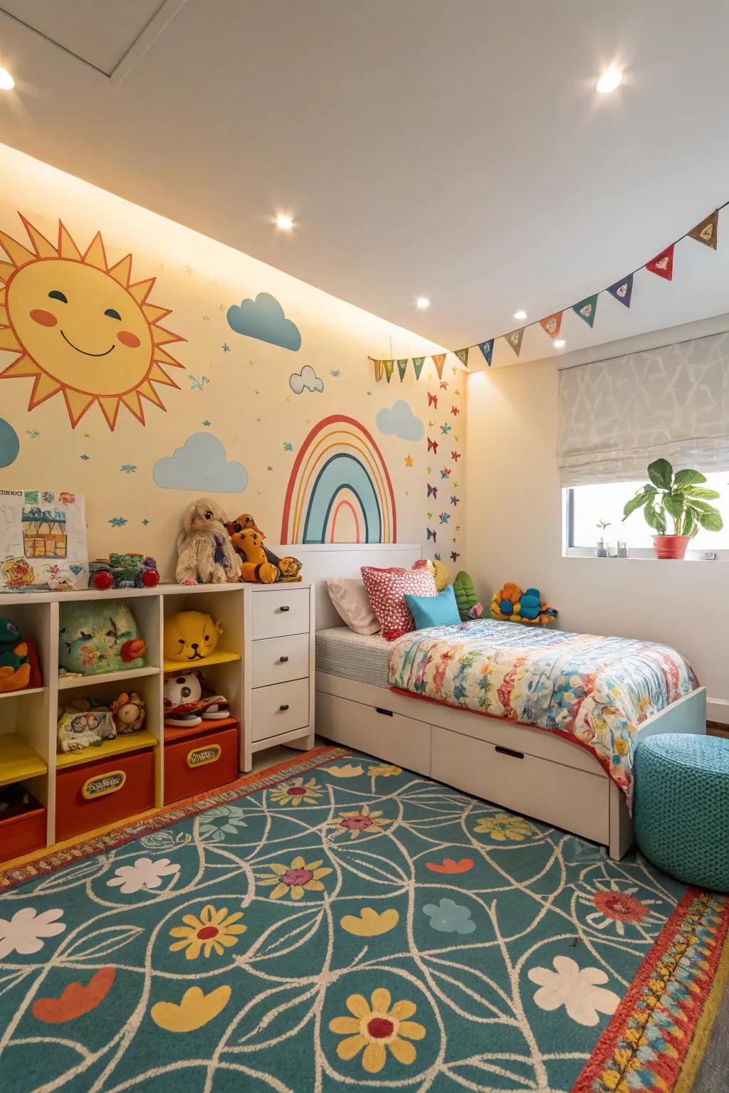 A vibrant children's bedroom with a playfully patterned carpet.