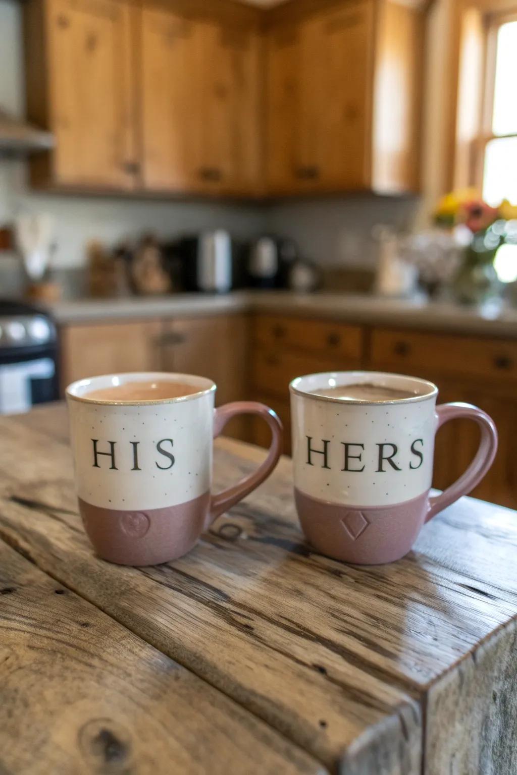 A pair of 'His' and 'Hers' ceramic mugs.