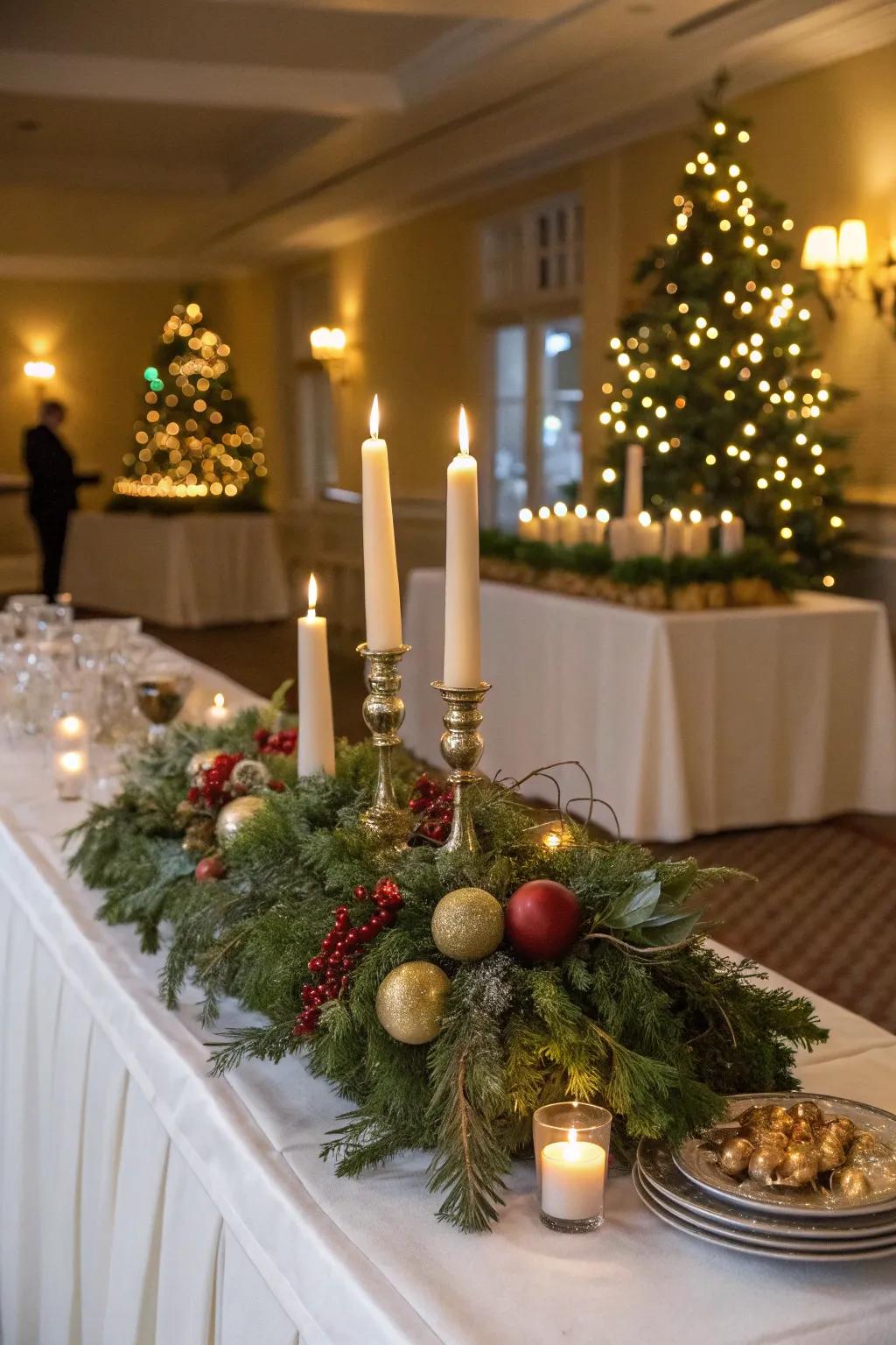 An elegant centerpiece elevates the look of your Christmas buffet.