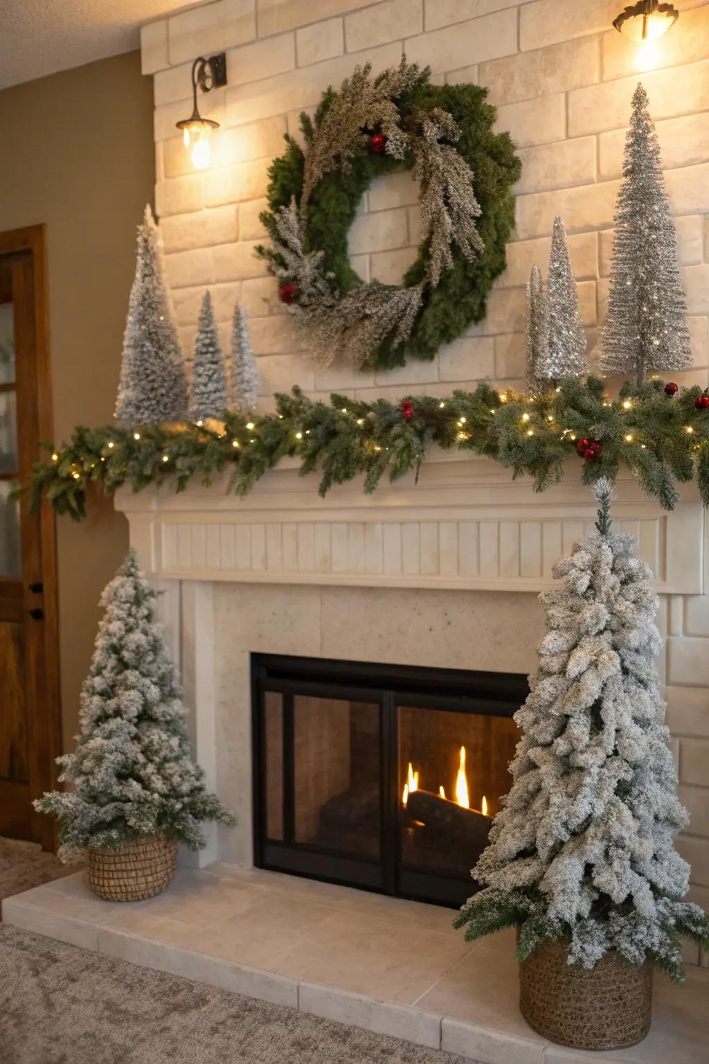 A festive fireplace with layered garlands and frosted wreaths.