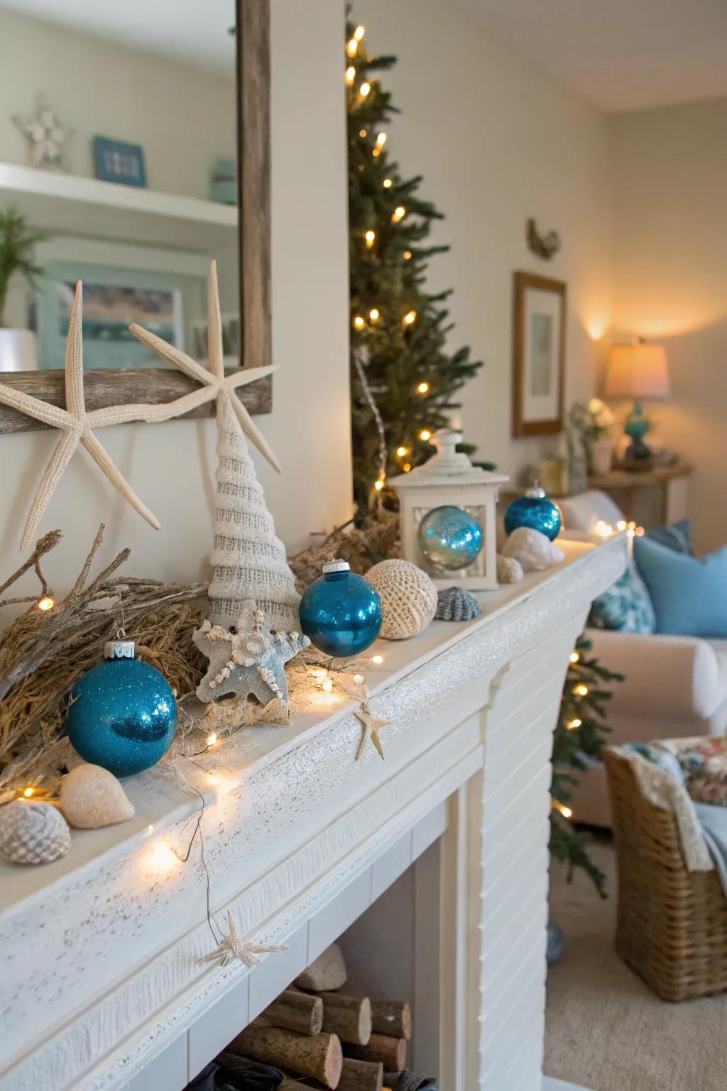 A refreshing coastal Christmas mantel.