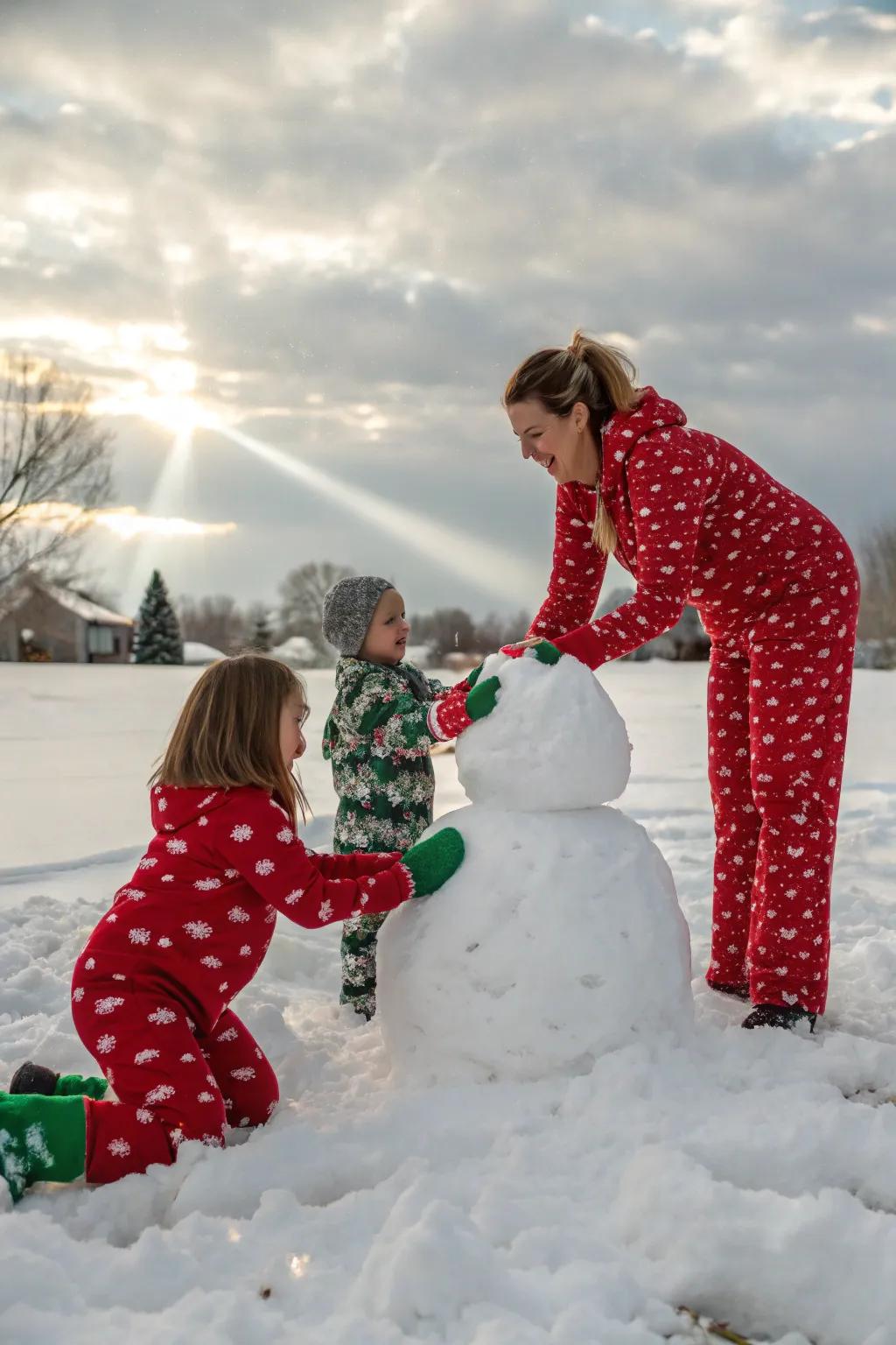 A family enjoys the snow in their festive pajamas, creating a winter wonderland scene.