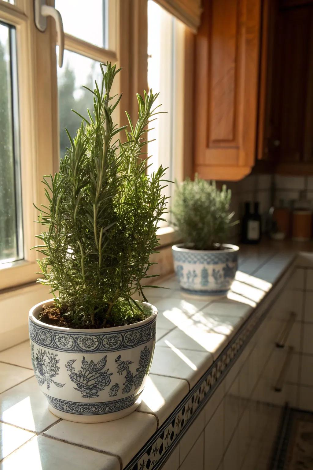 Rosemary trees fill the air with a festive aroma.