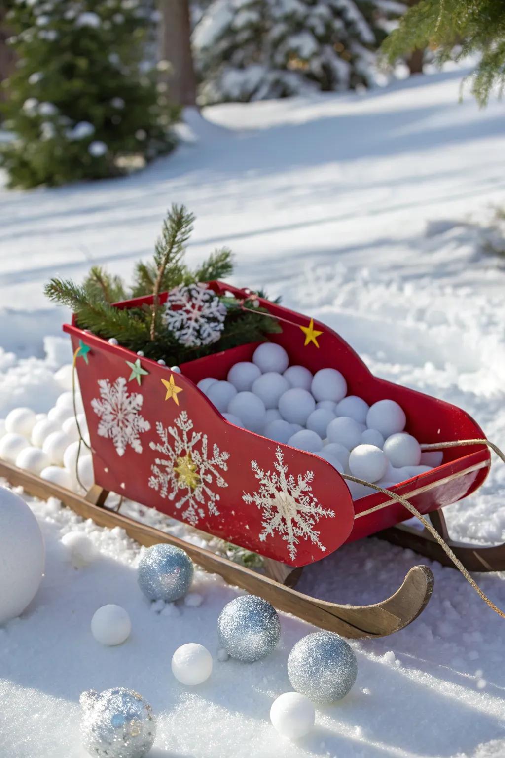 Whimsical snowflakes and snowballs create a winter wonderland.