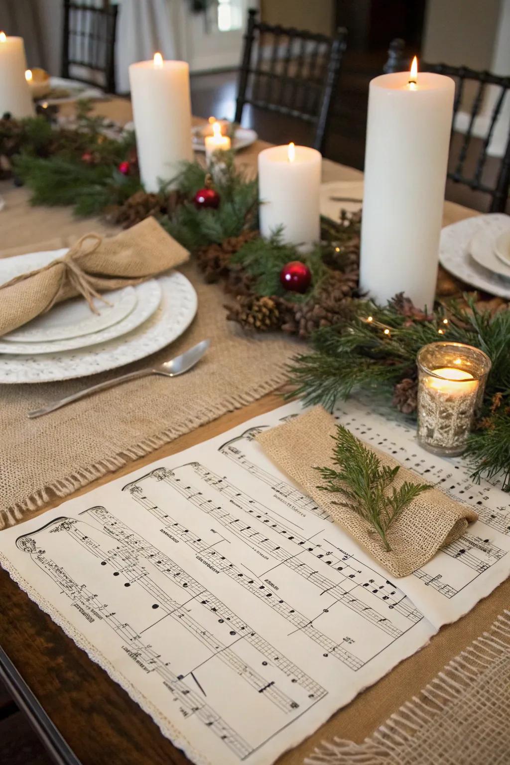 Repurposed sheet music adds a melodic touch to your table.