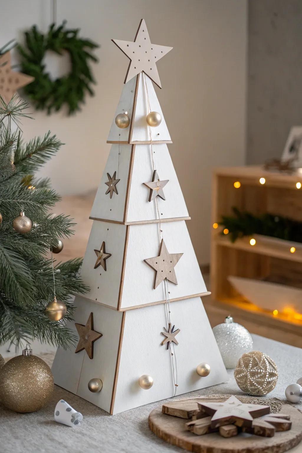 A modern plywood Christmas tree offers a sleek and stylish holiday look.