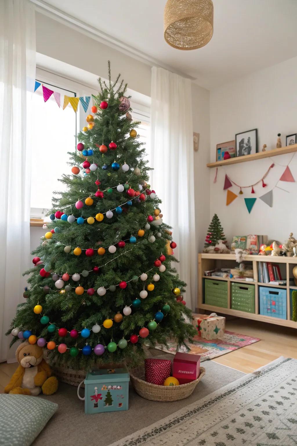 A whimsical Christmas tree with felt ball garlands